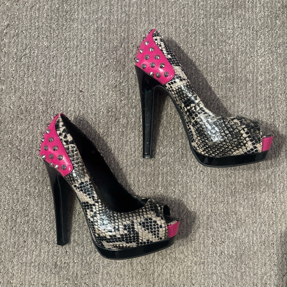 G by Guess Snakeskin Heels with Pink and Black Accents